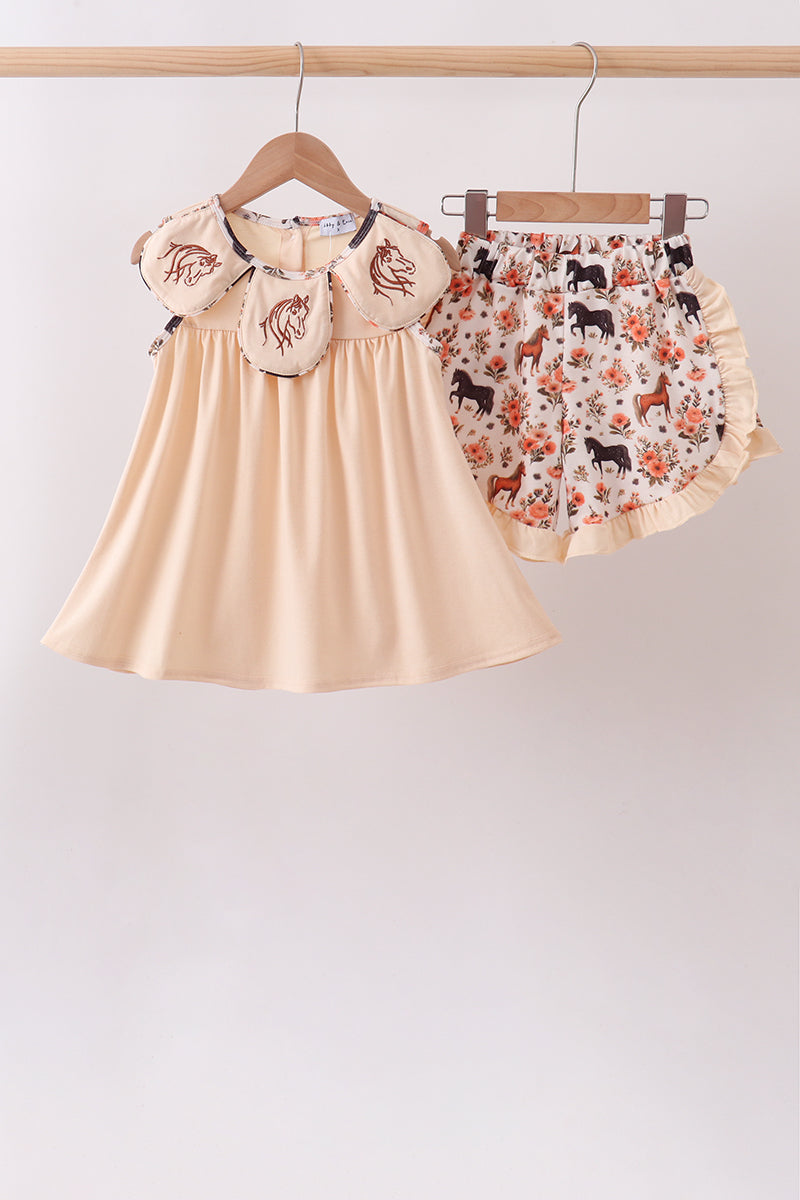 Khaki horse embroidery ruffle shorts set - 1