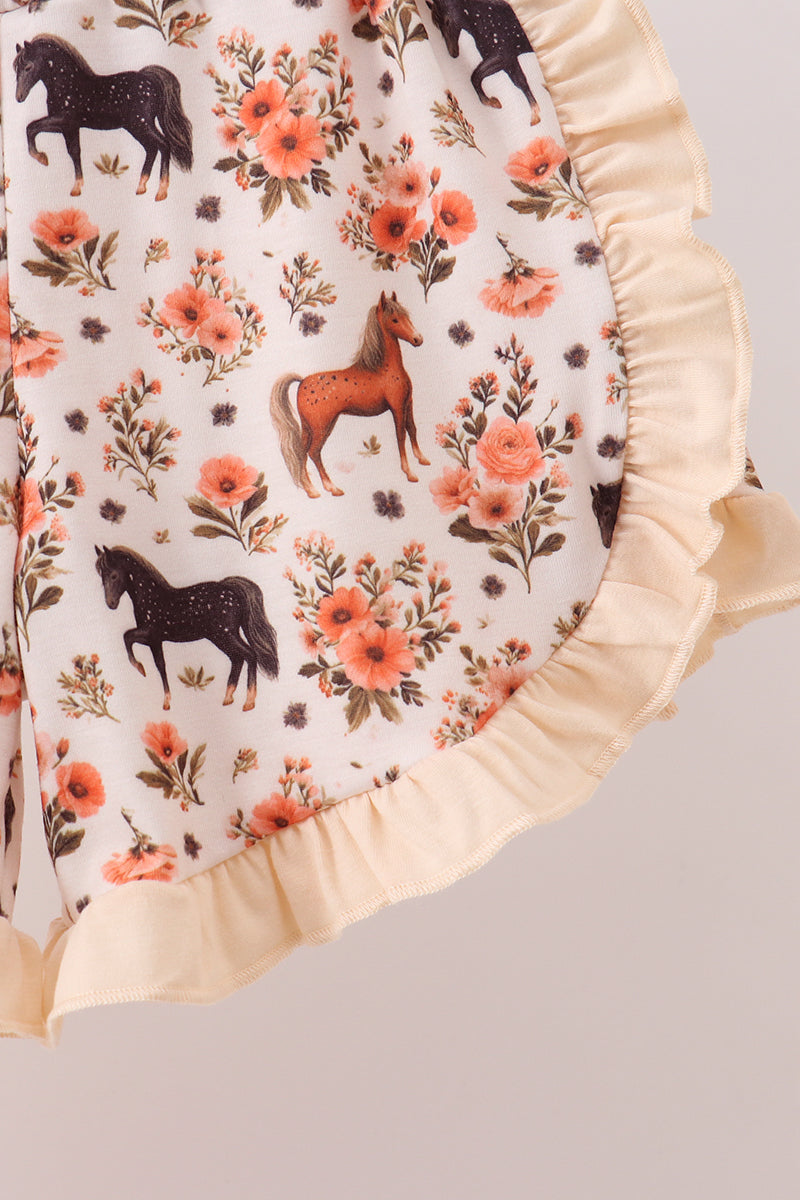 Khaki horse embroidery ruffle shorts set - 2