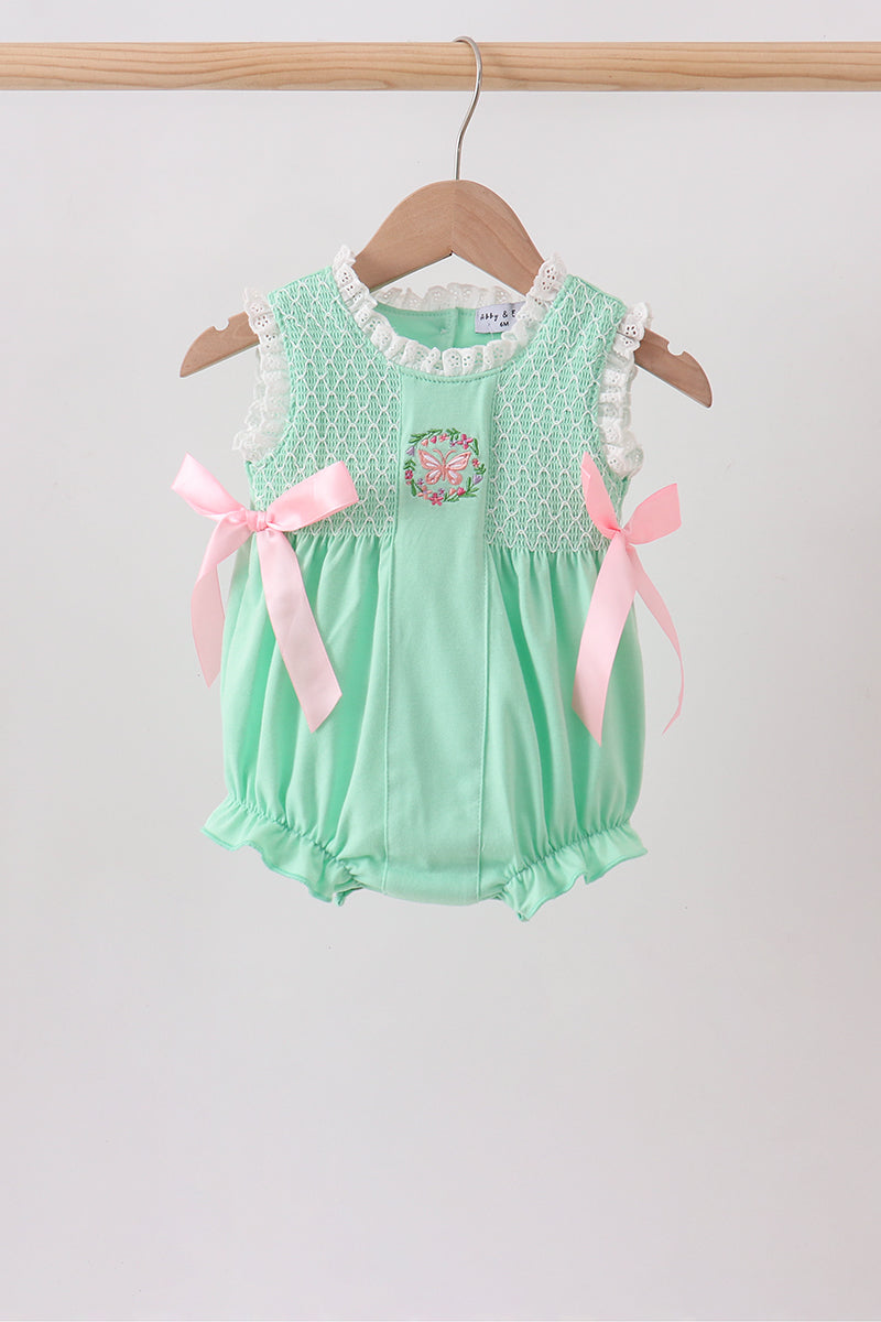 Green Butterfly Smocked Lace Bubble - 1