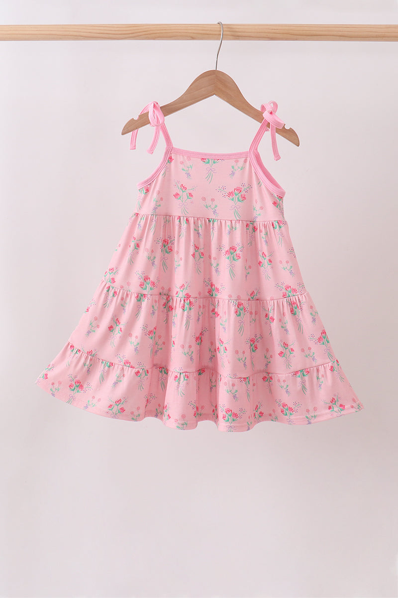 Pink Floral Tiered Dress - 1