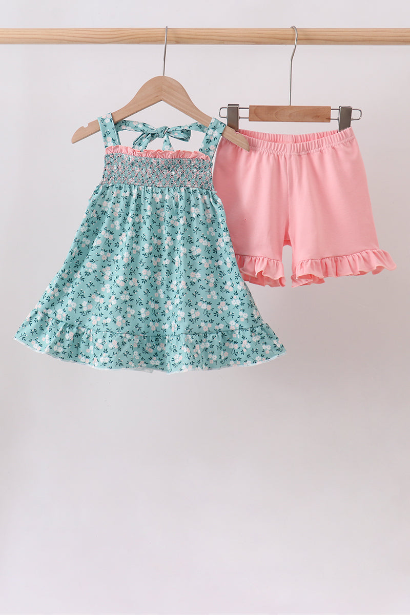 Green Floral Smocked Ruffle Shorts Set - 1