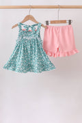 Green Floral Smocked Ruffle Shorts Set - 4