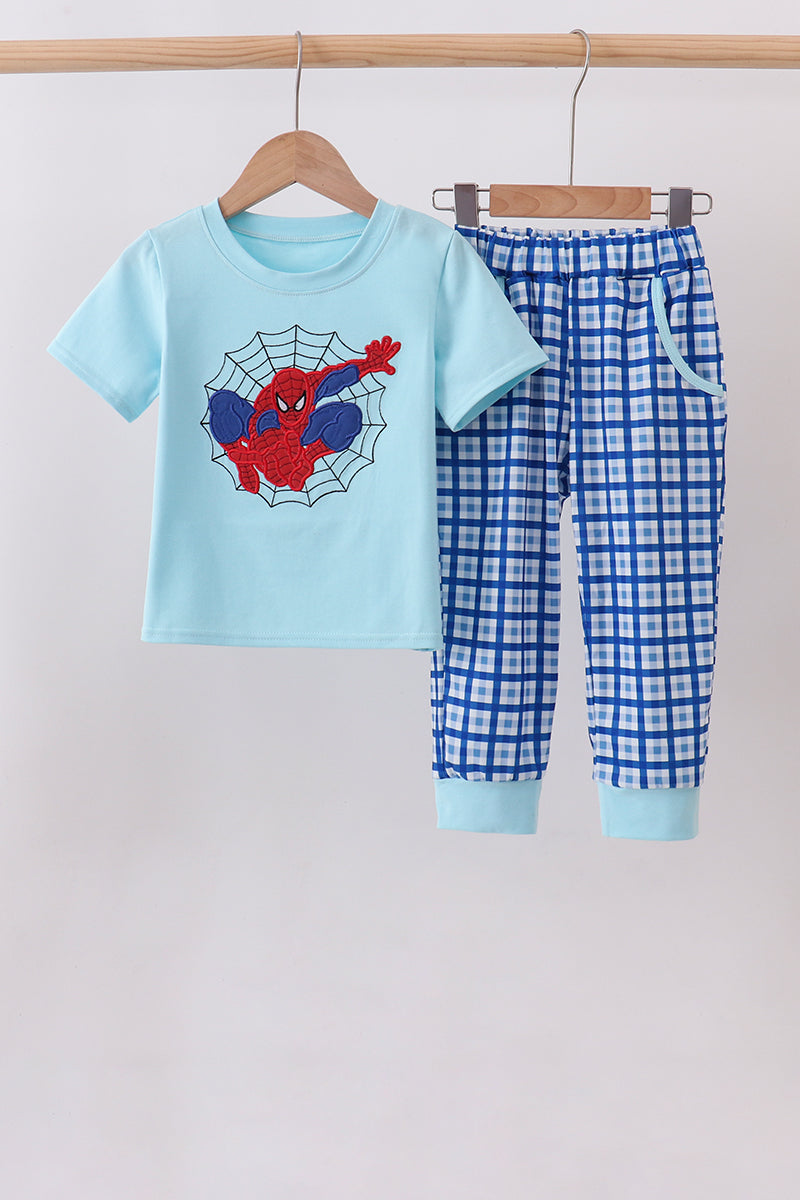 Blue character embroidery pants set - 1