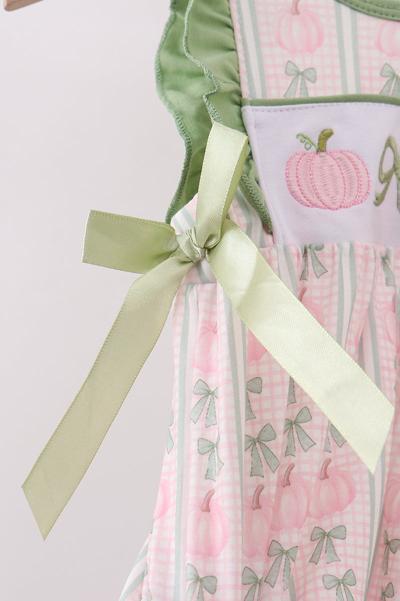Sage Pumpkin Bow Embroidery Ruffle Bubble - 3