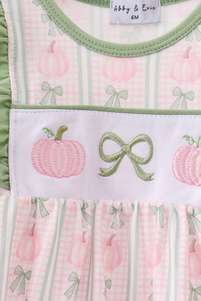 Sage Pumpkin Bow Embroidery Ruffle Bubble - 5