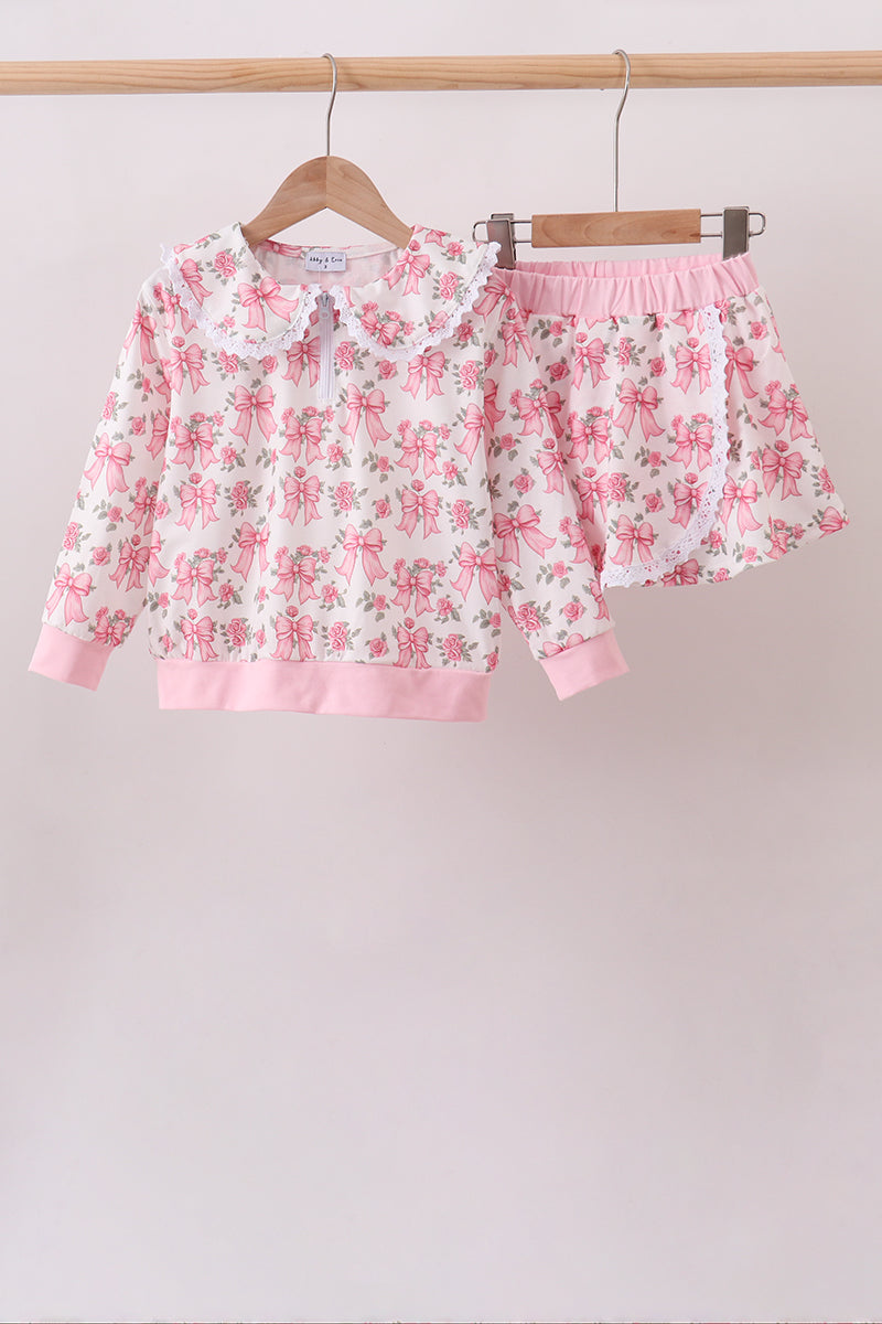 Pink Floral Bow Lace Skorts Set - 1