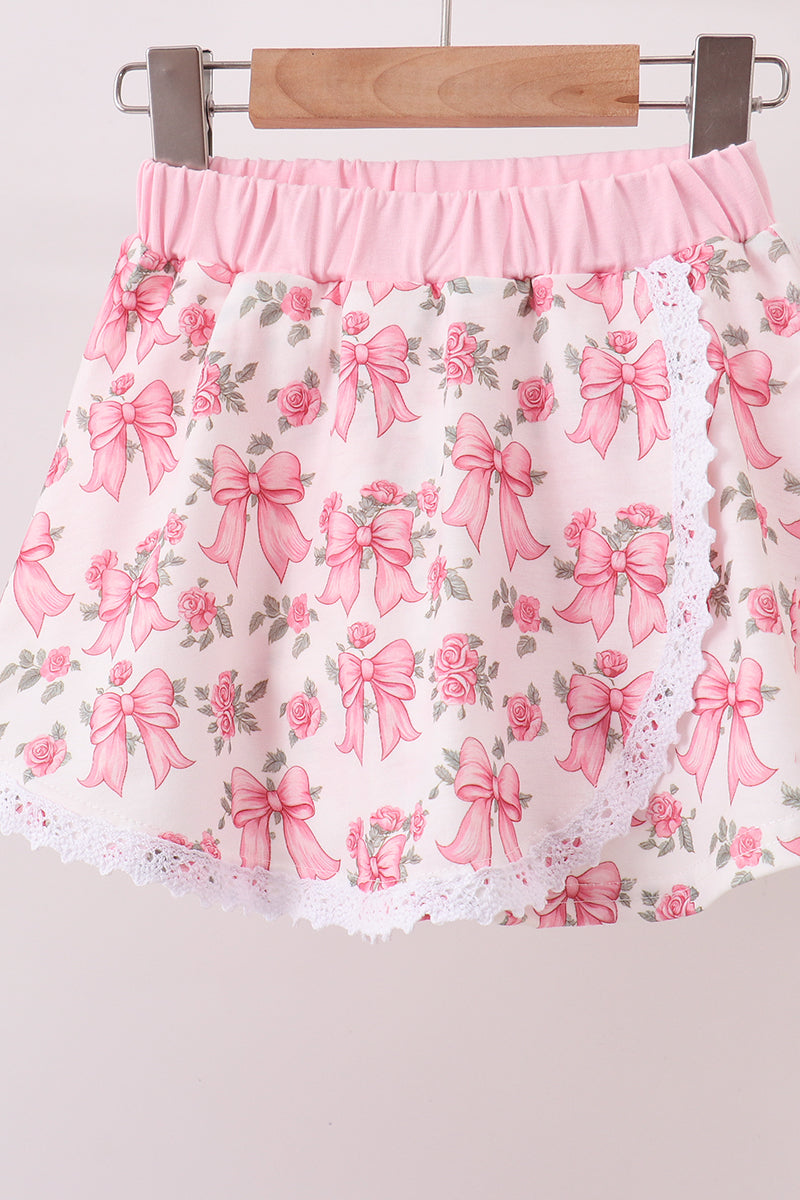 Pink Floral Bow Lace Skorts Set - 5
