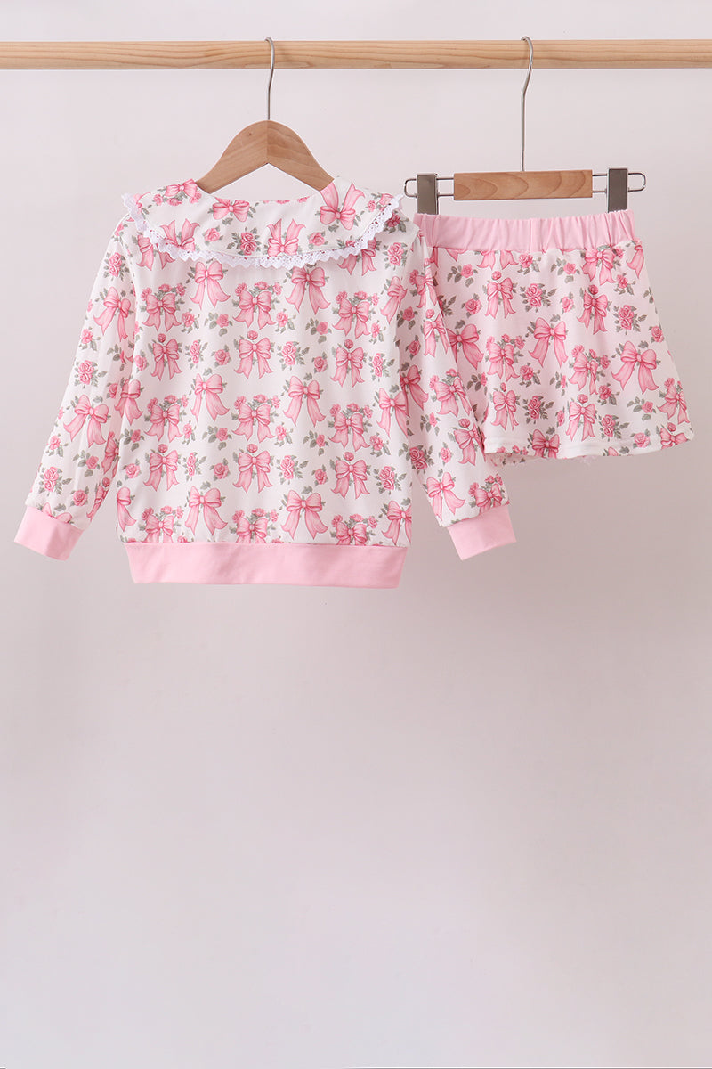 Pink Floral Bow Lace Skorts Set - 7