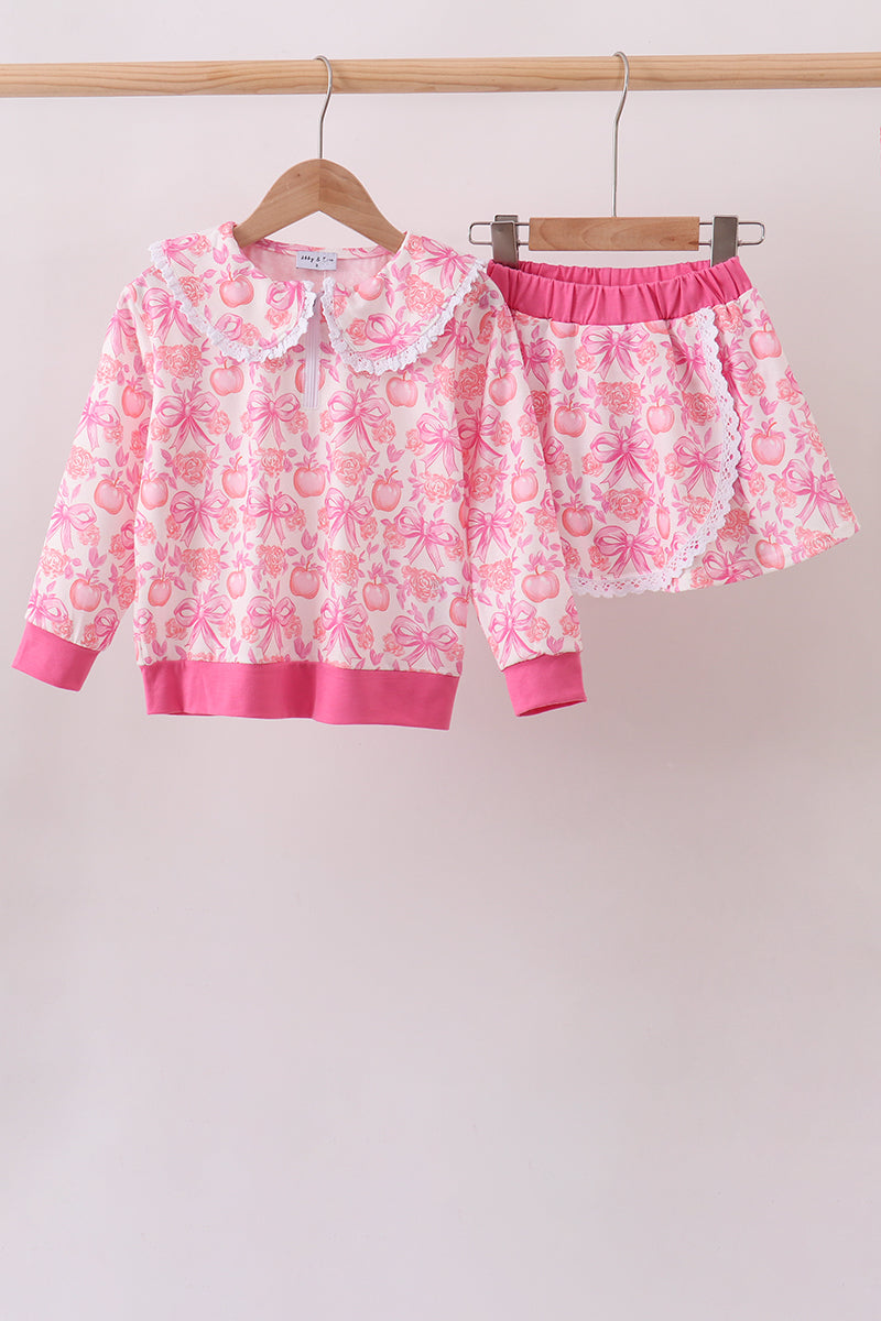 Pink Pumpkin Bow Lace Skorts Set - 1