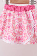 Pink Pumpkin Bow Lace Skorts Set - 4