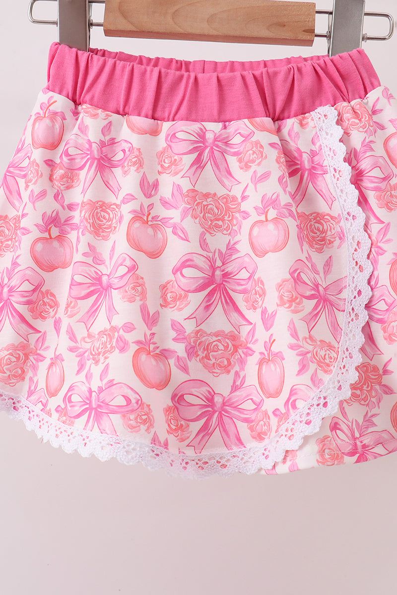 Pink Pumpkin Bow Lace Skorts Set - 4