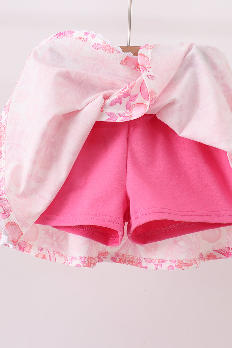 Pink Pumpkin Bow Lace Skorts Set - 5