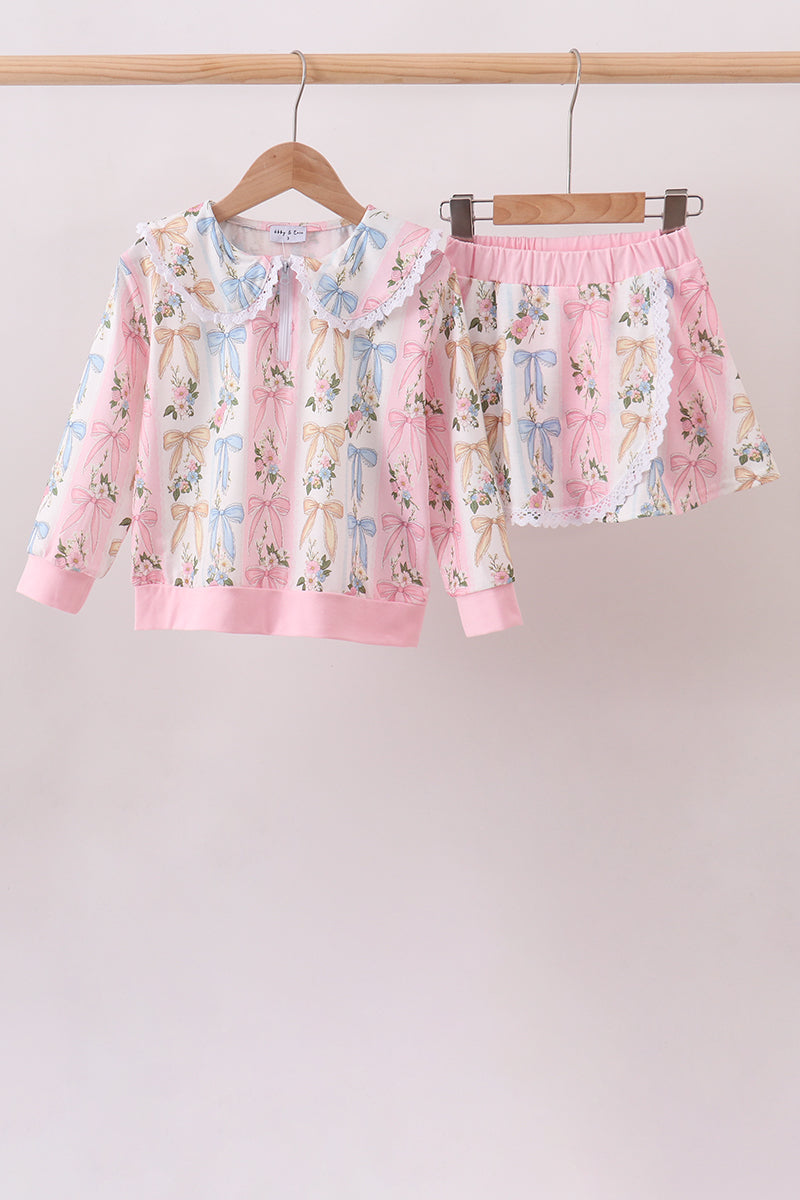 Pink Bow Floral Lace Skorts Set - 1