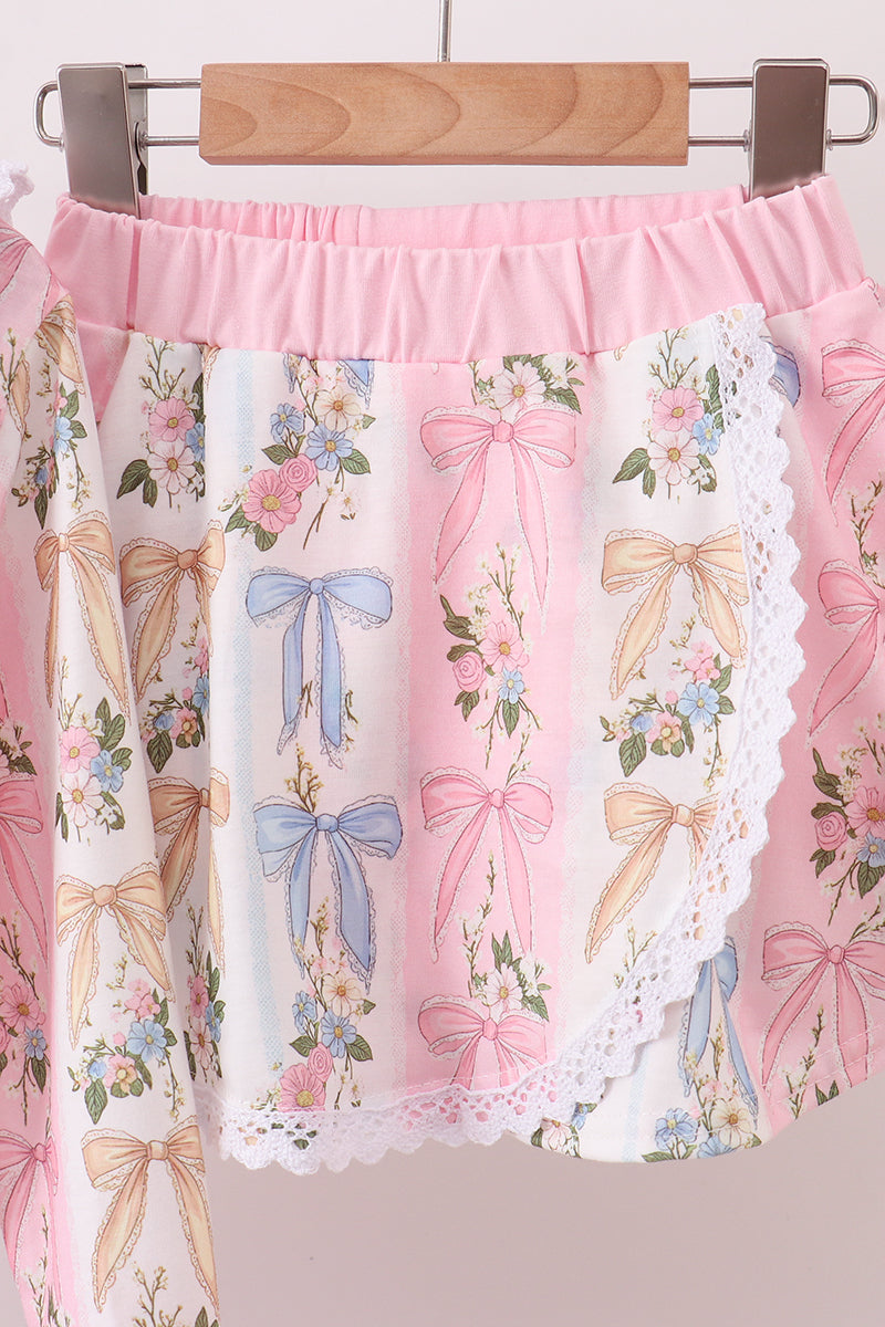 Pink Bow Floral Lace Skorts Set - 2