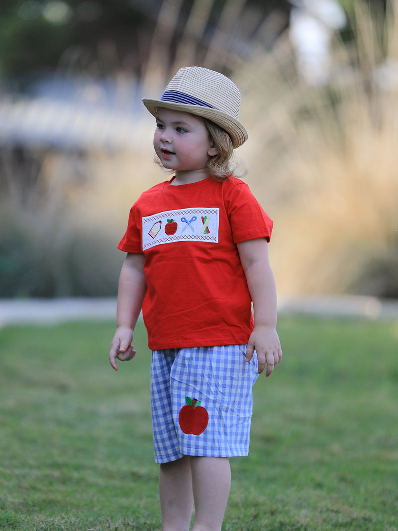 Boys Back to School Pencil Apple Applique Plaid Shorts Set - 2