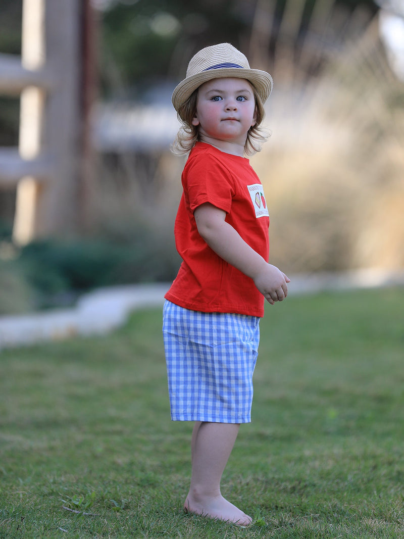 Boys Back to School Pencil Apple Applique Plaid Shorts Set - 5