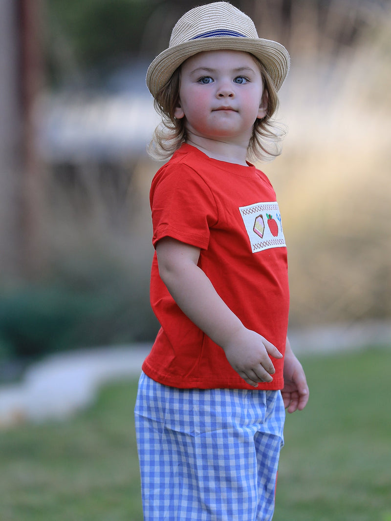 Boys Back to School Pencil Apple Applique Plaid Shorts Set - 6