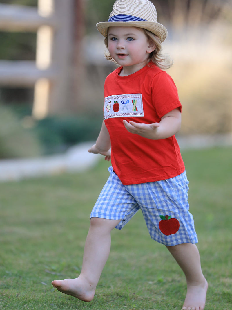 Boys Back to School Pencil Apple Applique Plaid Shorts Set - 4