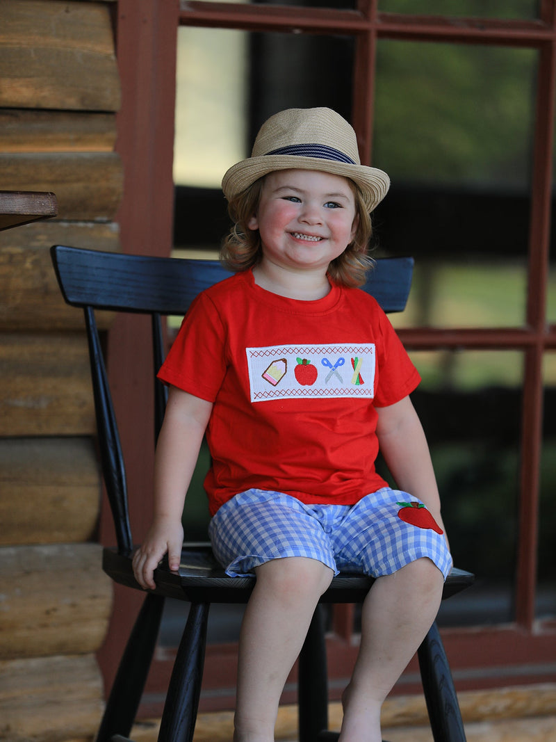 Boys Back to School Pencil Apple Applique Plaid Shorts Set - 1