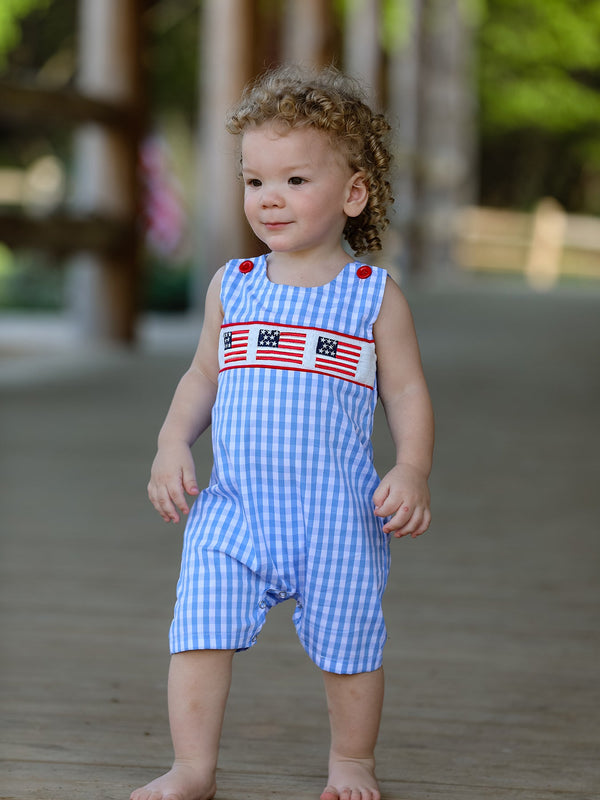 4th of July Flag Embroidery Smocked Boys Romper