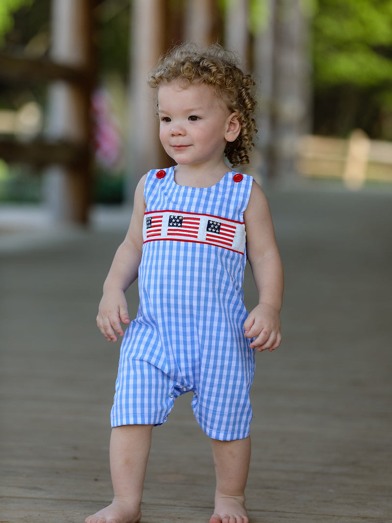 4th of July Flag Embroidery Smocked Boys Romper - 1