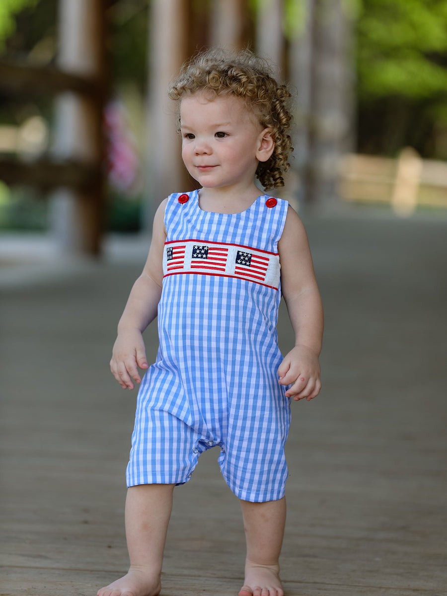 4th of July Flag Embroidery Smocked Boys Romper