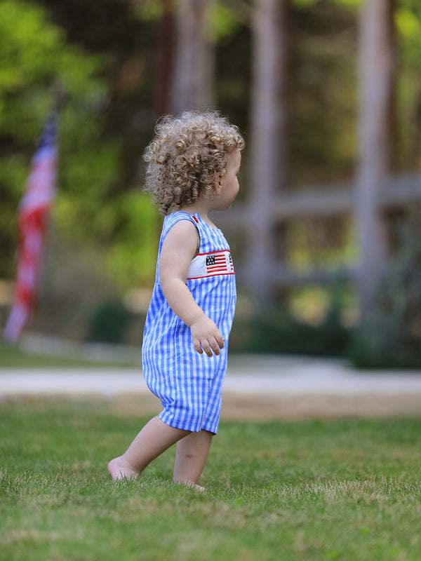 4th of July Flag Embroidery Smocked Boys Romper