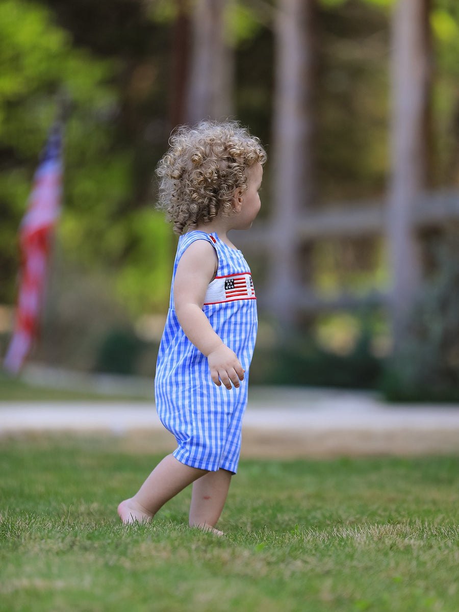 4th of July Flag Embroidery Smocked Boys Romper