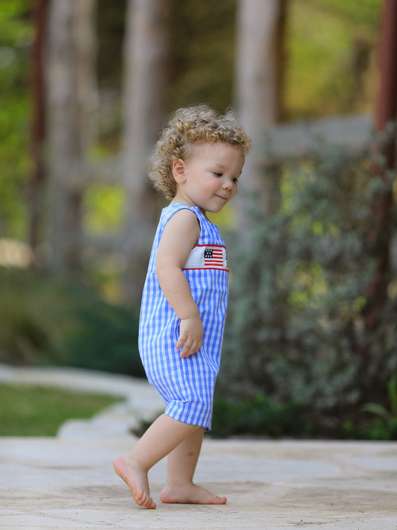 4th of July Flag Embroidery Smocked Boys Romper - 4