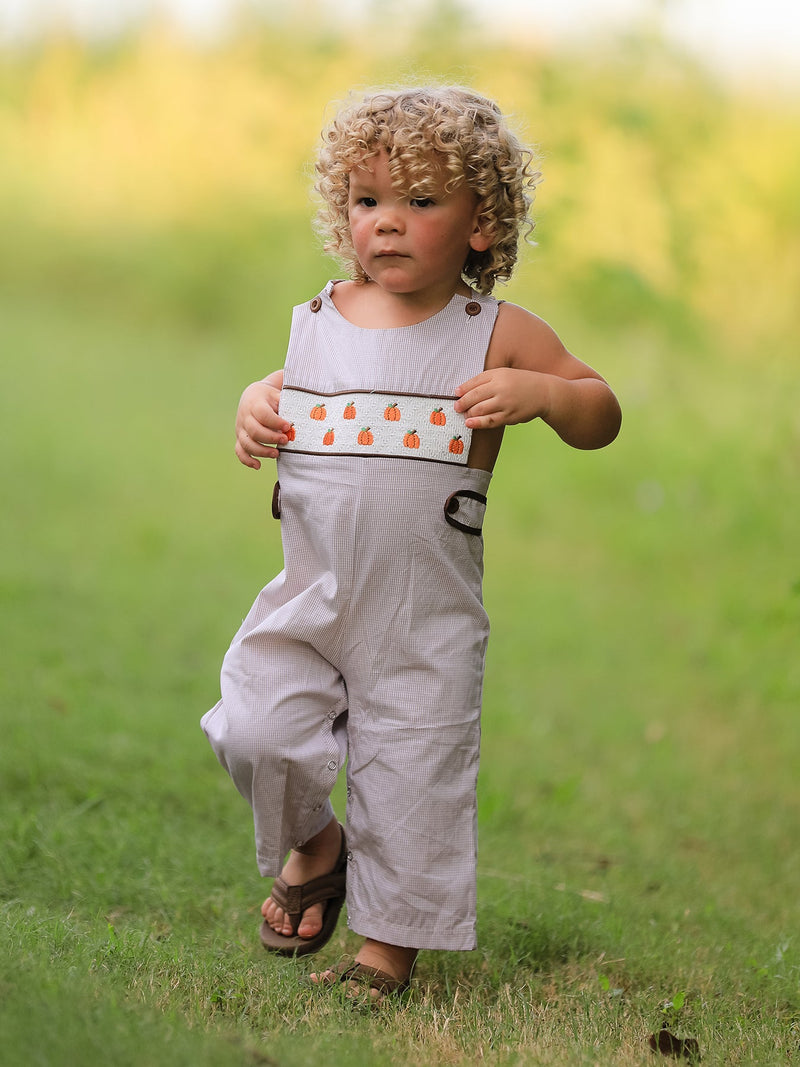 Fall Halloween & Thanksgiving  Pumpkin Smock Embroidered Boys Romper - 7