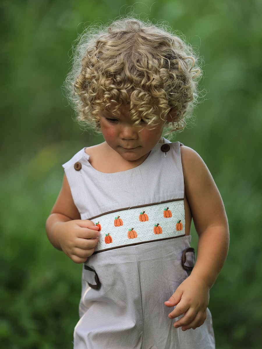 Fall Halloween & Thanksgiving  Pumpkin Smock Embroidered Boys Romper