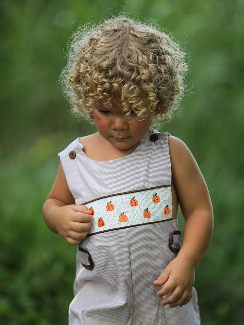 Fall Halloween & Thanksgiving  Pumpkin Smock Embroidered Boys Romper - 11