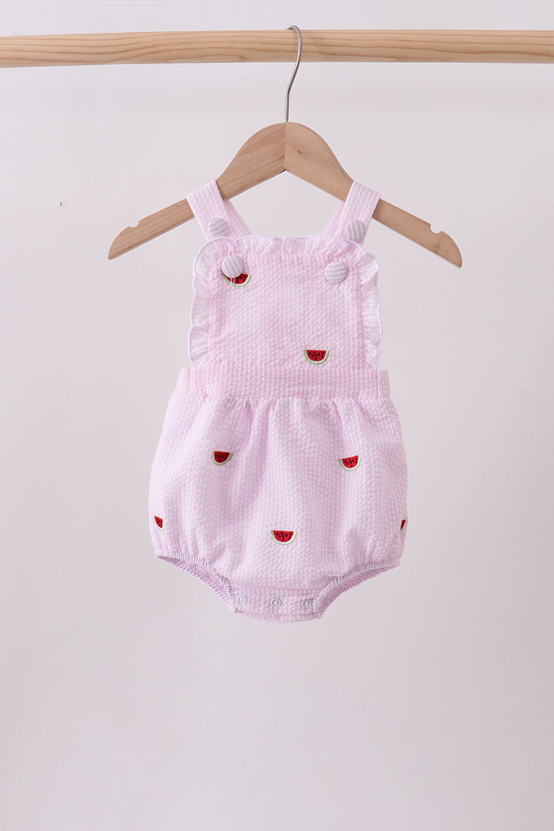 Pink stripe watermelon embroidery seersucker ruffle bubble - 1