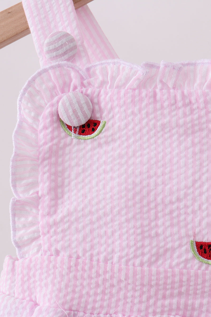Pink stripe watermelon embroidery seersucker ruffle bubble - 3