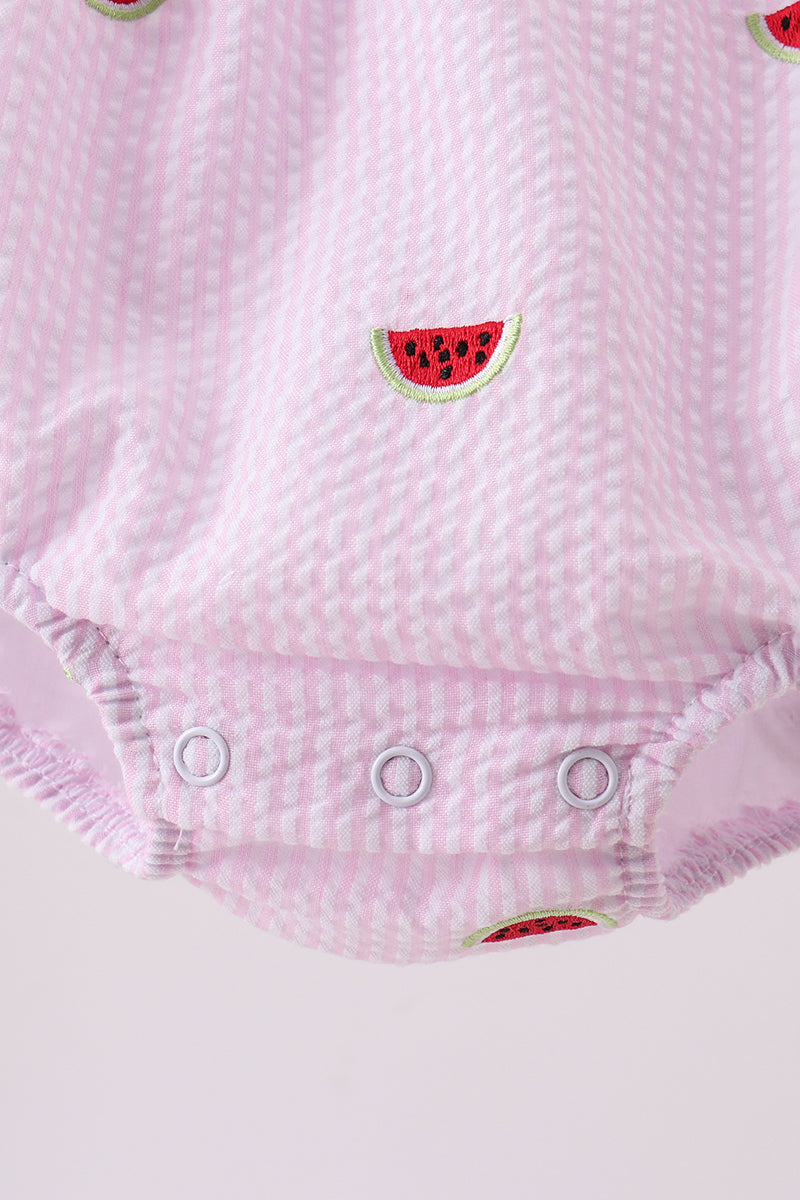 Pink stripe watermelon embroidery seersucker ruffle bubble - 2