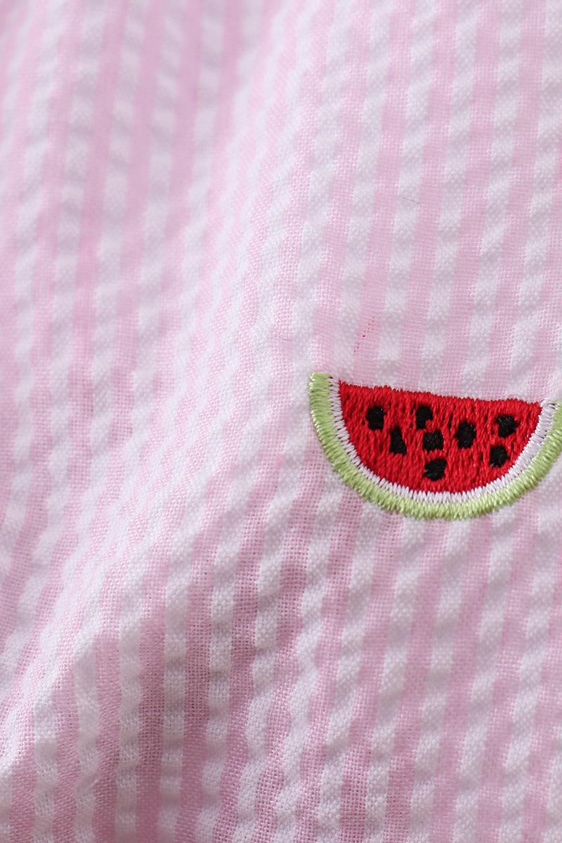Pink stripe watermelon embroidery seersucker ruffle bubble - 4