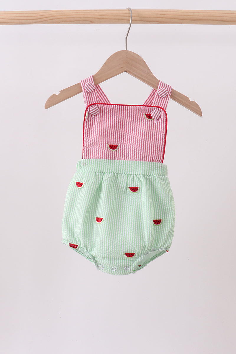 Red stripe watermelon embroidery seersucker bubble - 1