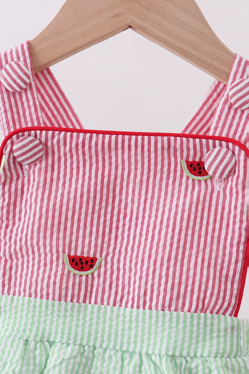 Red stripe watermelon embroidery seersucker bubble - 2