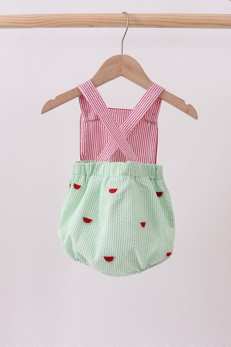 Red stripe watermelon embroidery seersucker bubble - 4