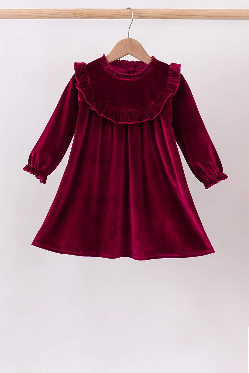 Burgundy velvet Ruffle Dress - 1