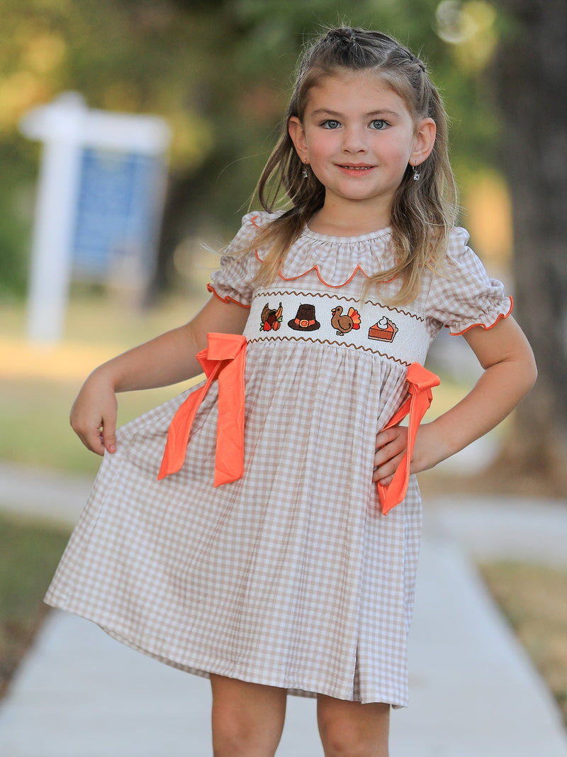 Thanksgiving Smocked Girls Dress Turkey Pumpkin Pie Embroidery - 3