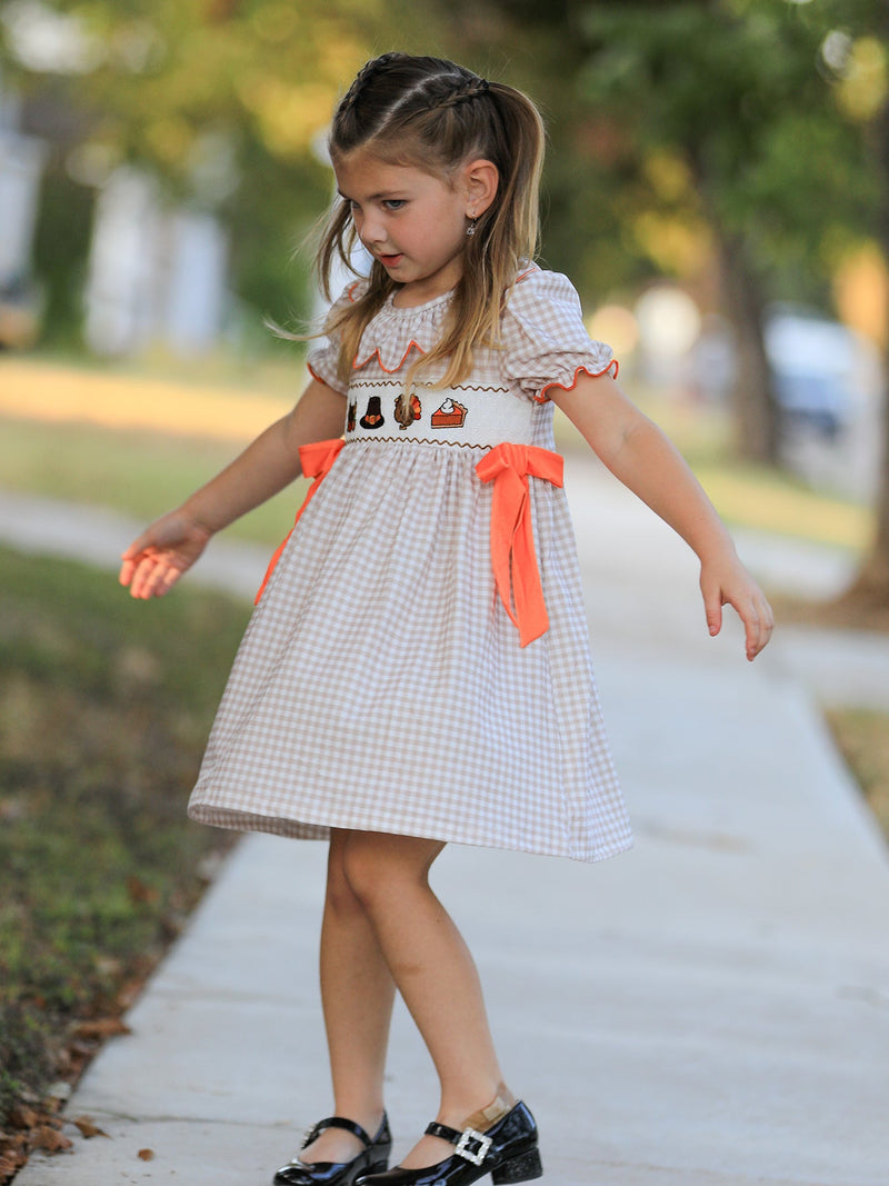Thanksgiving Smocked Girls Dress Turkey Pumpkin Pie Embroidery - 6