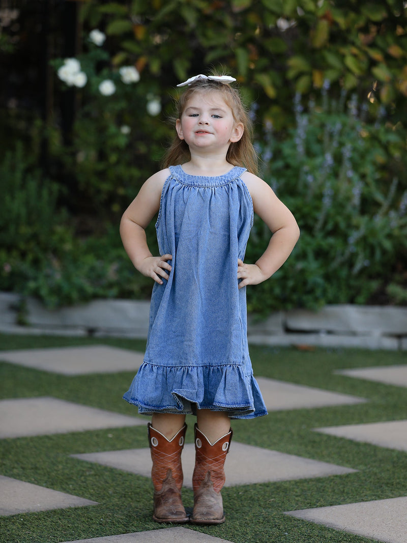 Girls Denim Ruffle Trim A-Line Dress - 6