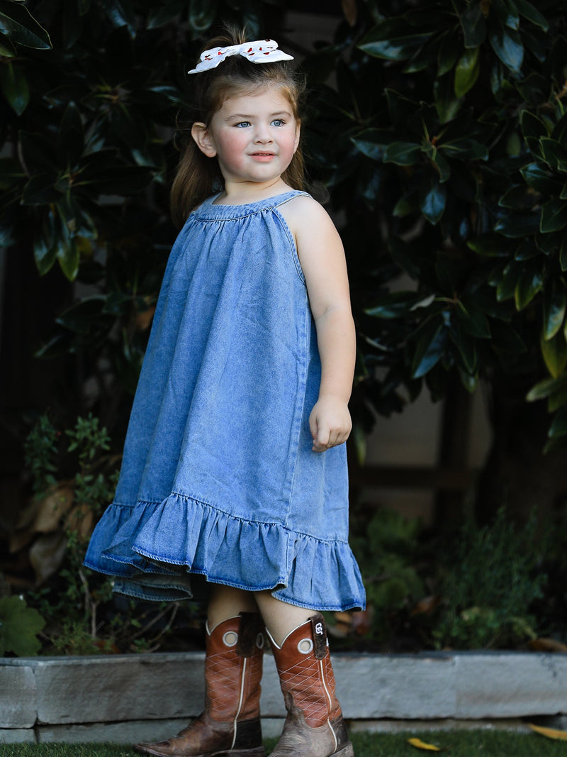 Girls Denim Ruffle Trim A-Line Dress - 7