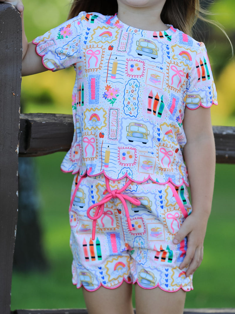 Back to School Print Girl Short Set Scallop Hem - 10