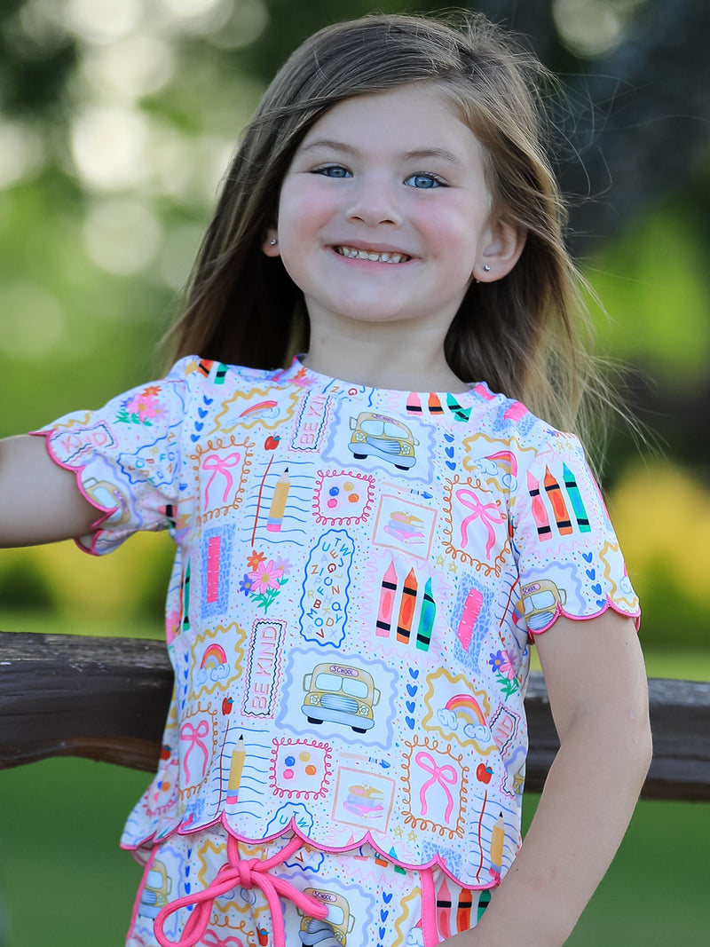 Back to School Print Girl Short Set Scallop Hem - 11