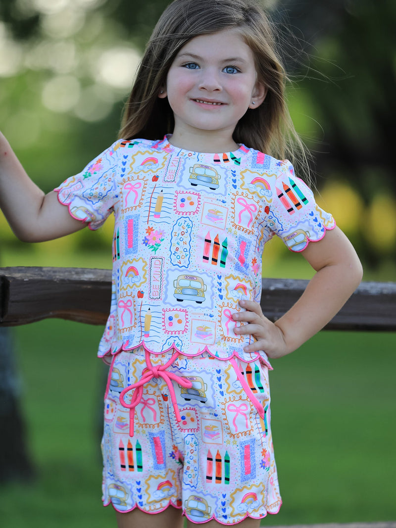 Back to School Print Girl Short Set Scallop Hem - 2
