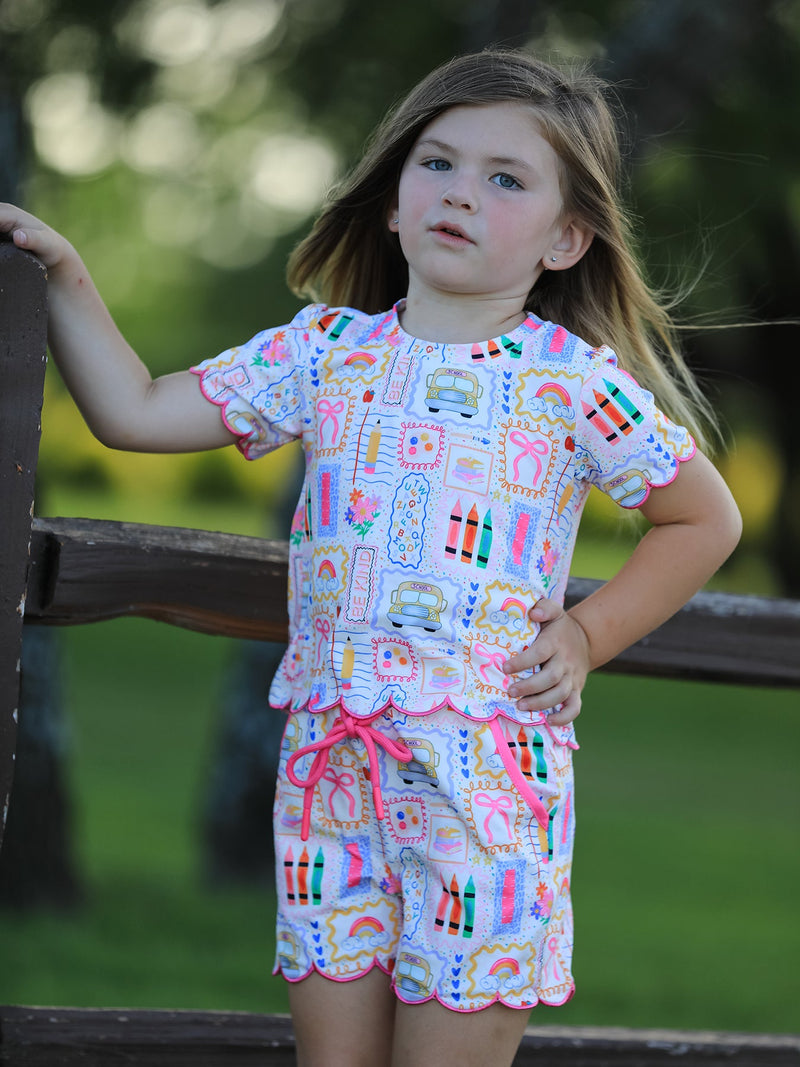 Back to School Print Girl Short Set Scallop Hem - 9