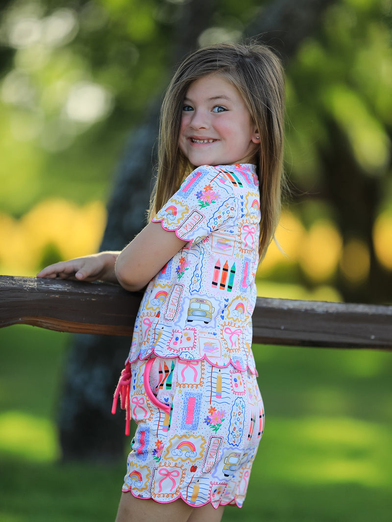 Back to School Print Girl Short Set Scallop Hem - 8