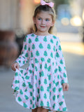 Christmas Girls Pink Stripe Tree Bow Twirl Dress - 2